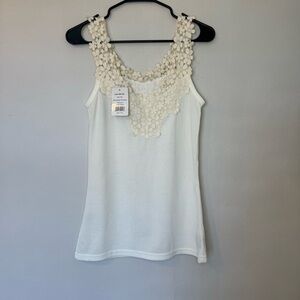 POL Floral Print Patche Round Neck Ribbed Tank with Double Gauze Ruffle Accents